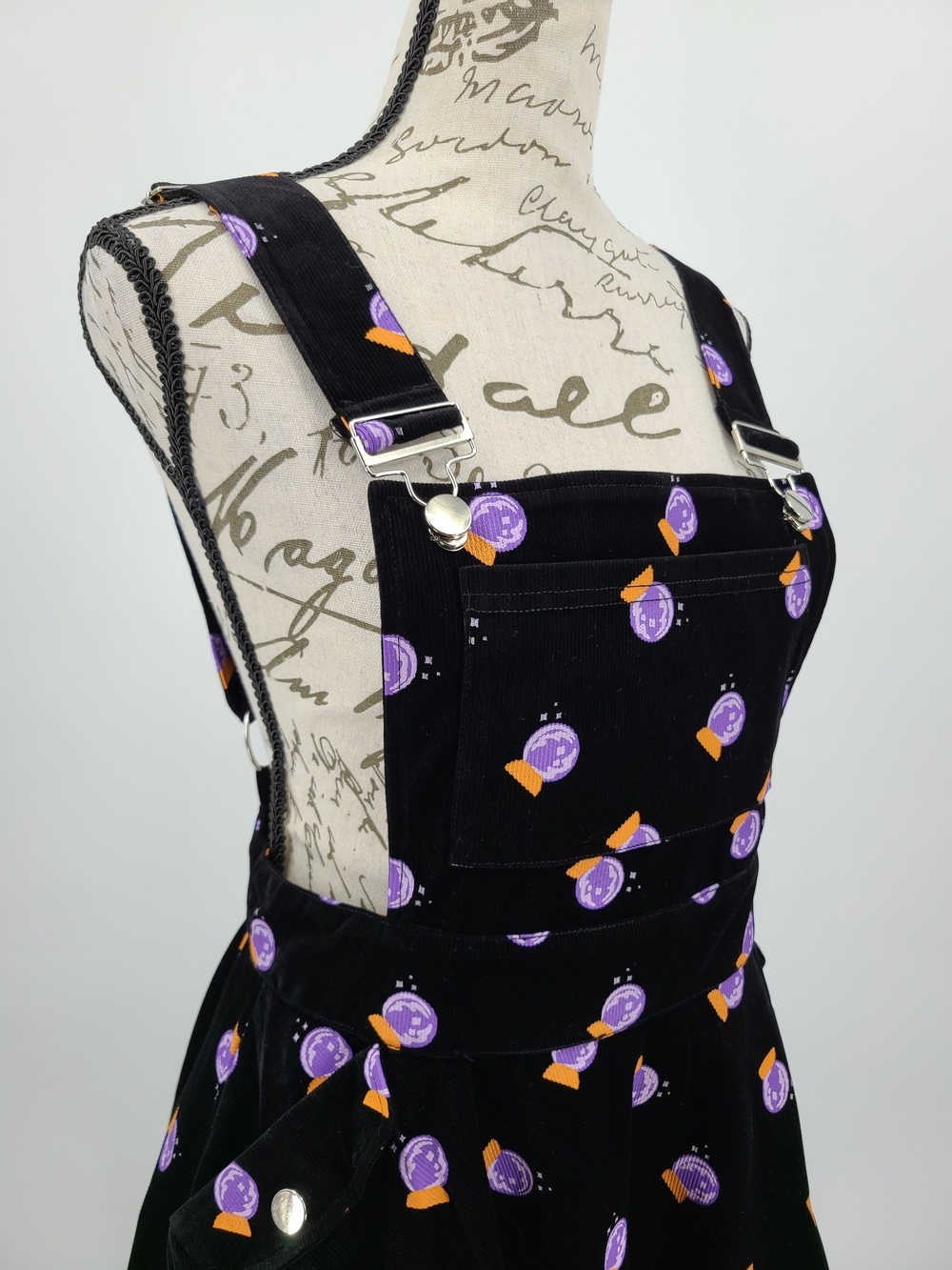 Unique Vintage Black Corduroy Crystal Ball Overall Dress Size Medium